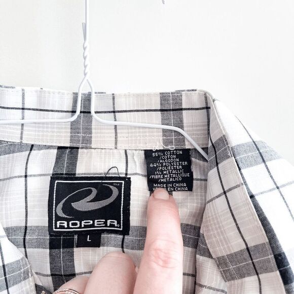 Roper Mens Casual Shirt Pearl Snap Up Long Sleeve Plaid Black White Silver Large - Picture 3 of 7